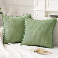 ANRODUO Pack of 2 Sage Green Boho Decorative Pillow Covers with Pom-poms Pillow Covers 18x18 Corduroy Cushion Case Cute and Soft Square Throw Pillows for Bed Couch Sofa Living Room Spring Home Decor