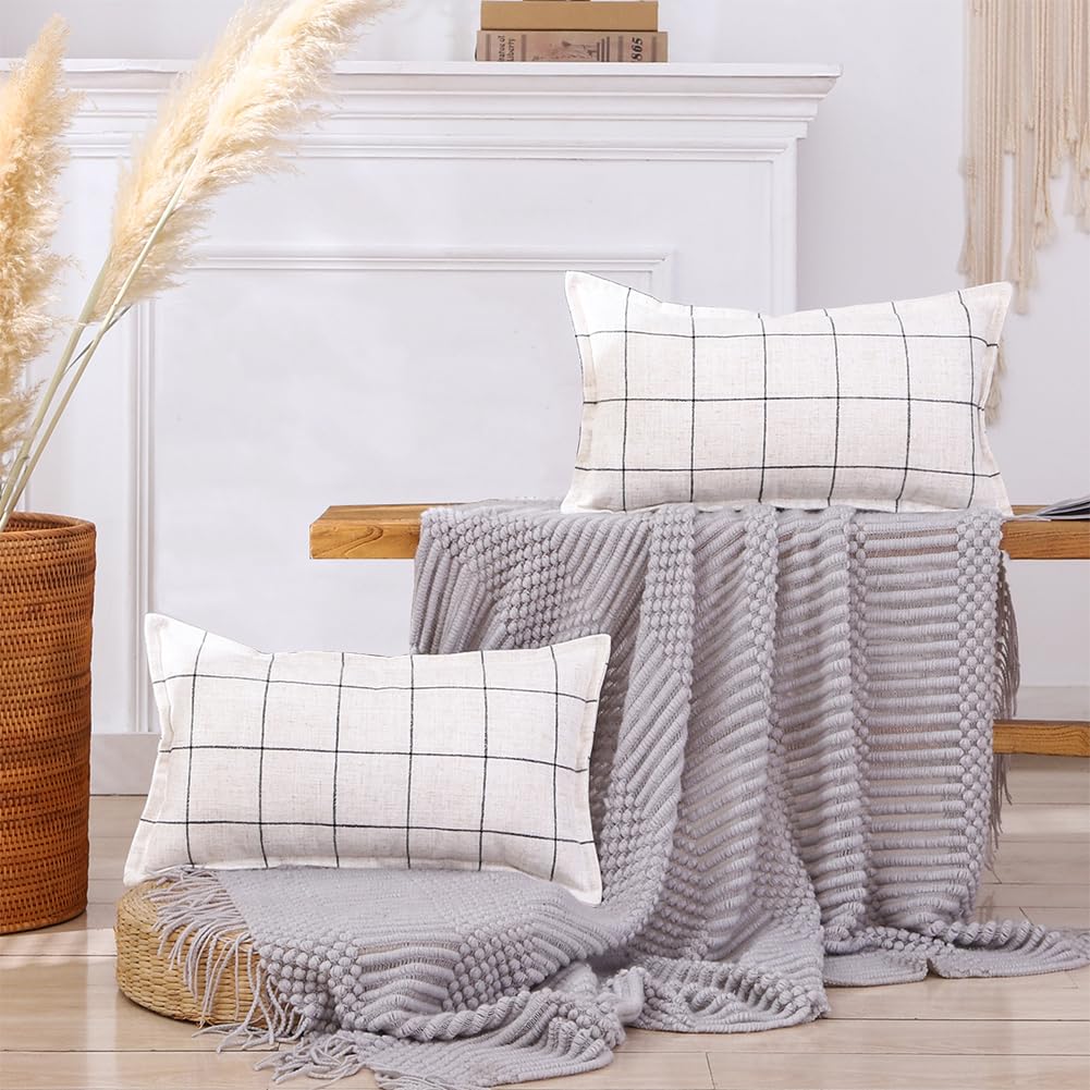 CARRIE HOME Boho Plaid Lumbar Pillow Covers 12x20 Set of 2 Cream and Black Checkered Decorative Throw Pillows Modern Farmhouse Decor for Living Room Couch and Sofa